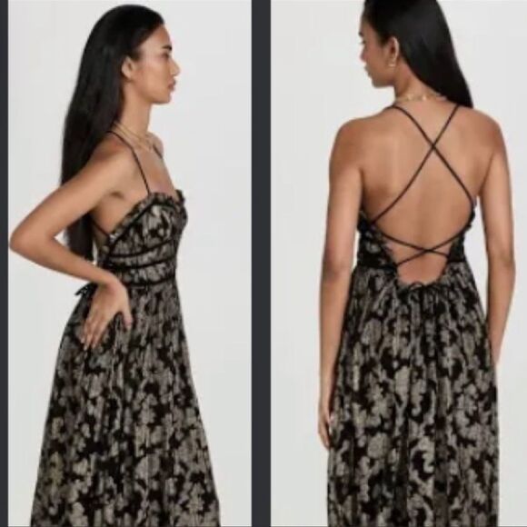 Free People Charlie Bustier Gold Metallic print Maxi dress tiered XS - Picture 8 of 8